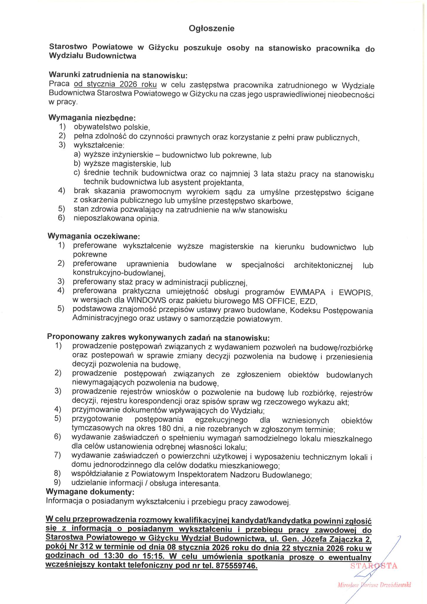 Starostwo Powiatowe w Giżycku poszukuje pracownika na zastępstwo do Wydziału Budownictwa