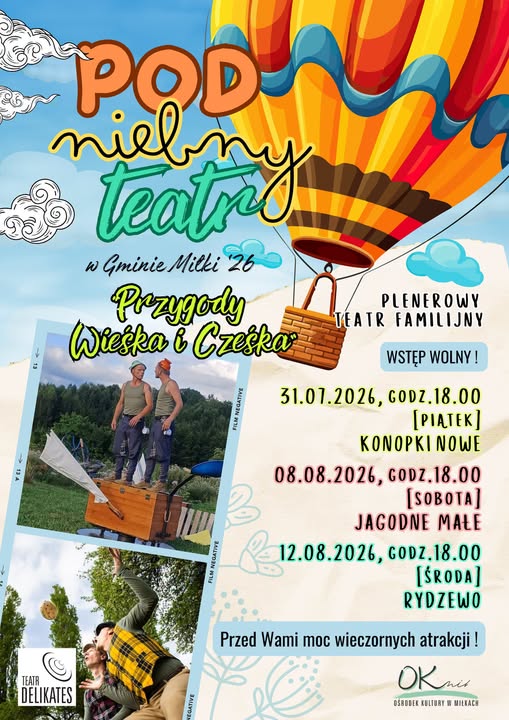 Plakat trzech plenerowych spektakli Teatru Delikates w Gminie Miłki w 2026 roku